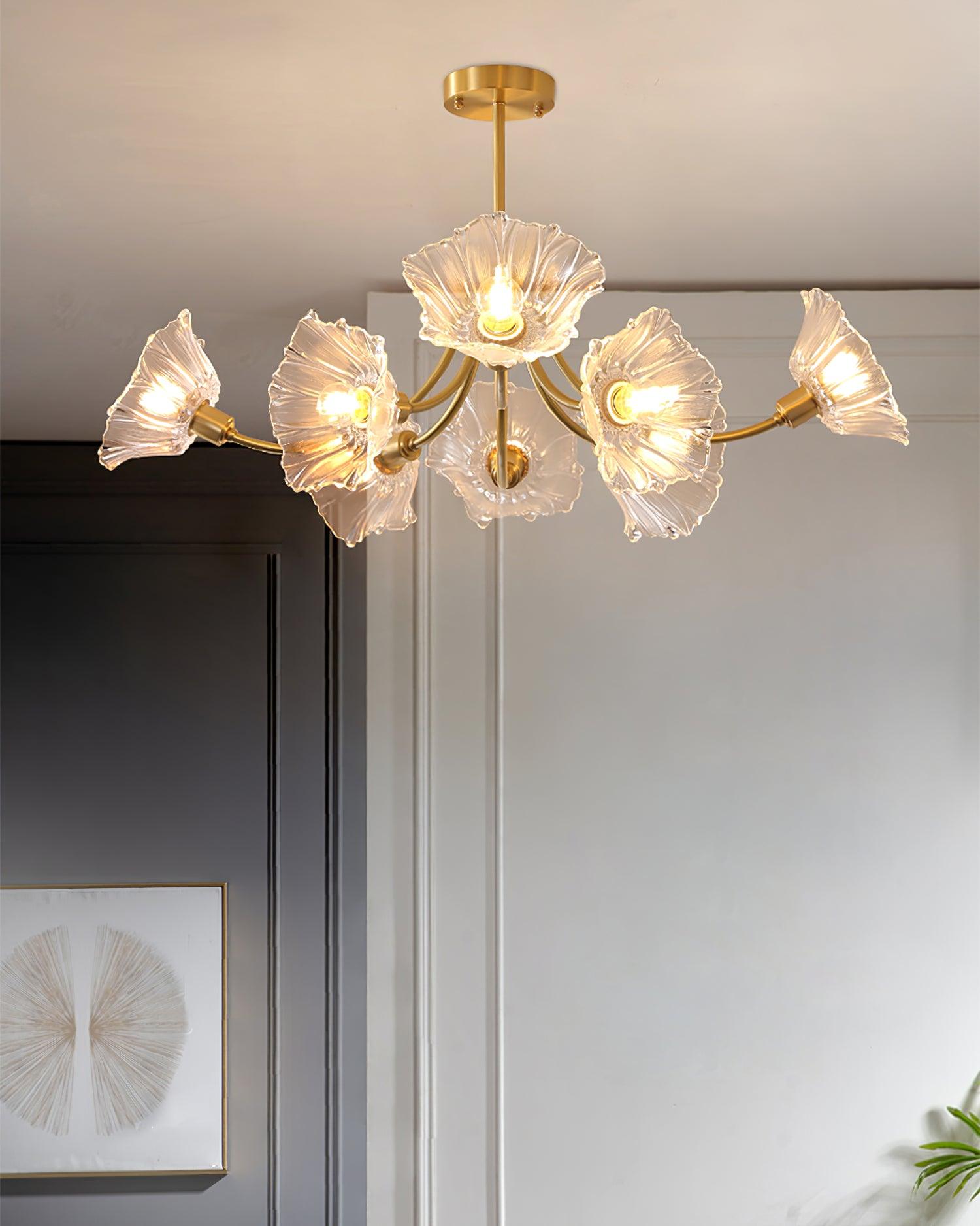 Kalin Flower Glass Chandelier — Brass Petal Glass Ceiling Light for Dining Room