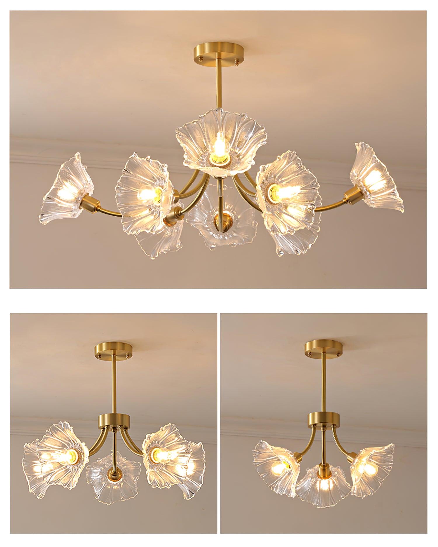 Kalin Flower Glass Chandelier — Brass Petal Glass Ceiling Light for Dining Room