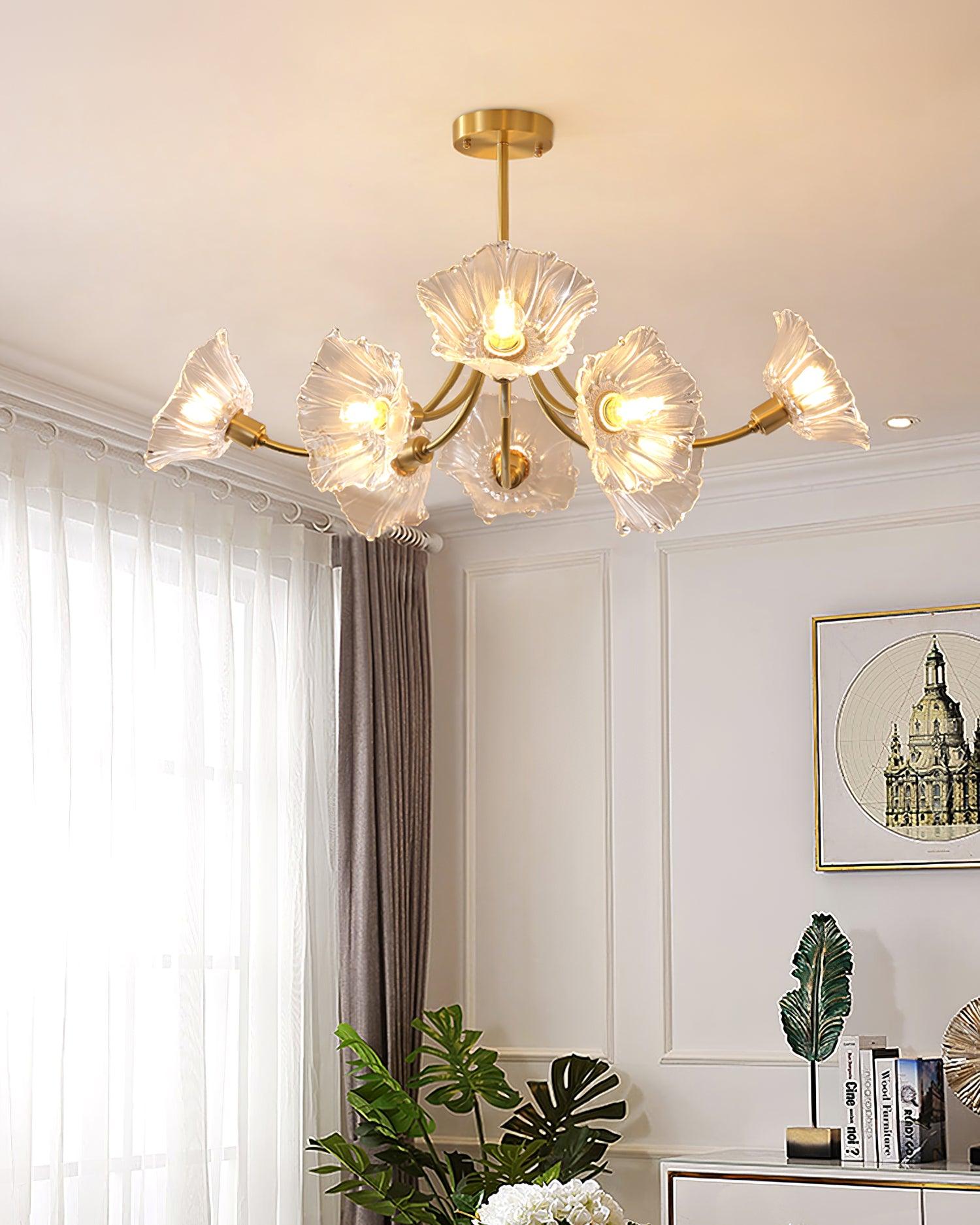 Kalin Flower Glass Chandelier — Brass Petal Glass Ceiling Light for Dining Room