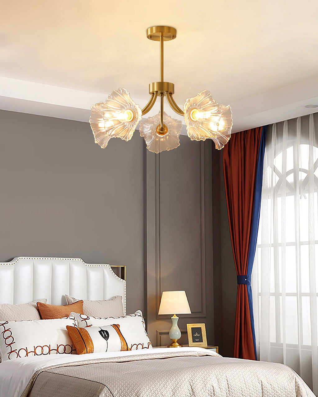 Kalin Flower Glass Chandelier — Brass Petal Glass Ceiling Light for Dining Room