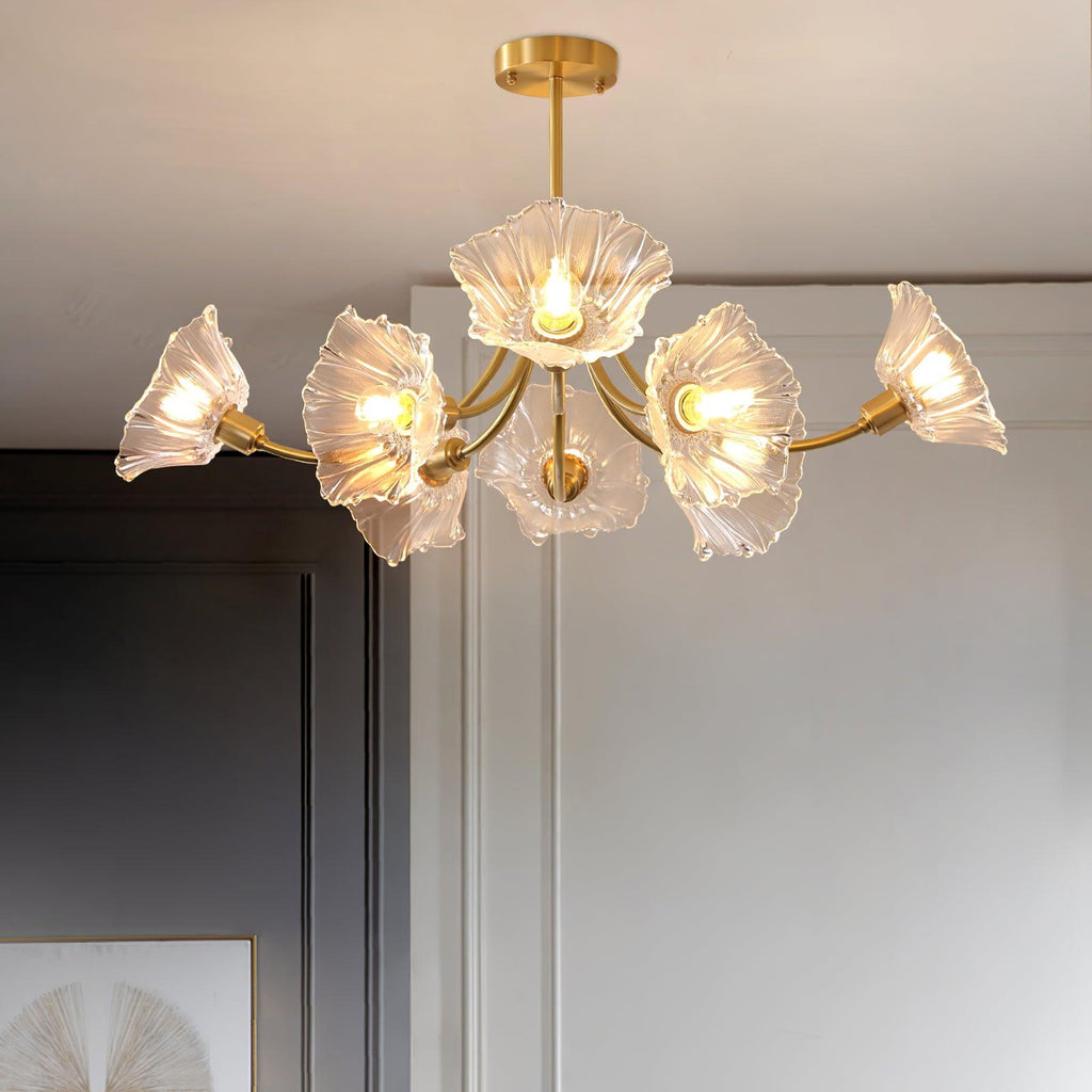 Kalin Flower Glass Chandelier — Brass Petal Glass Ceiling Light for Dining Room