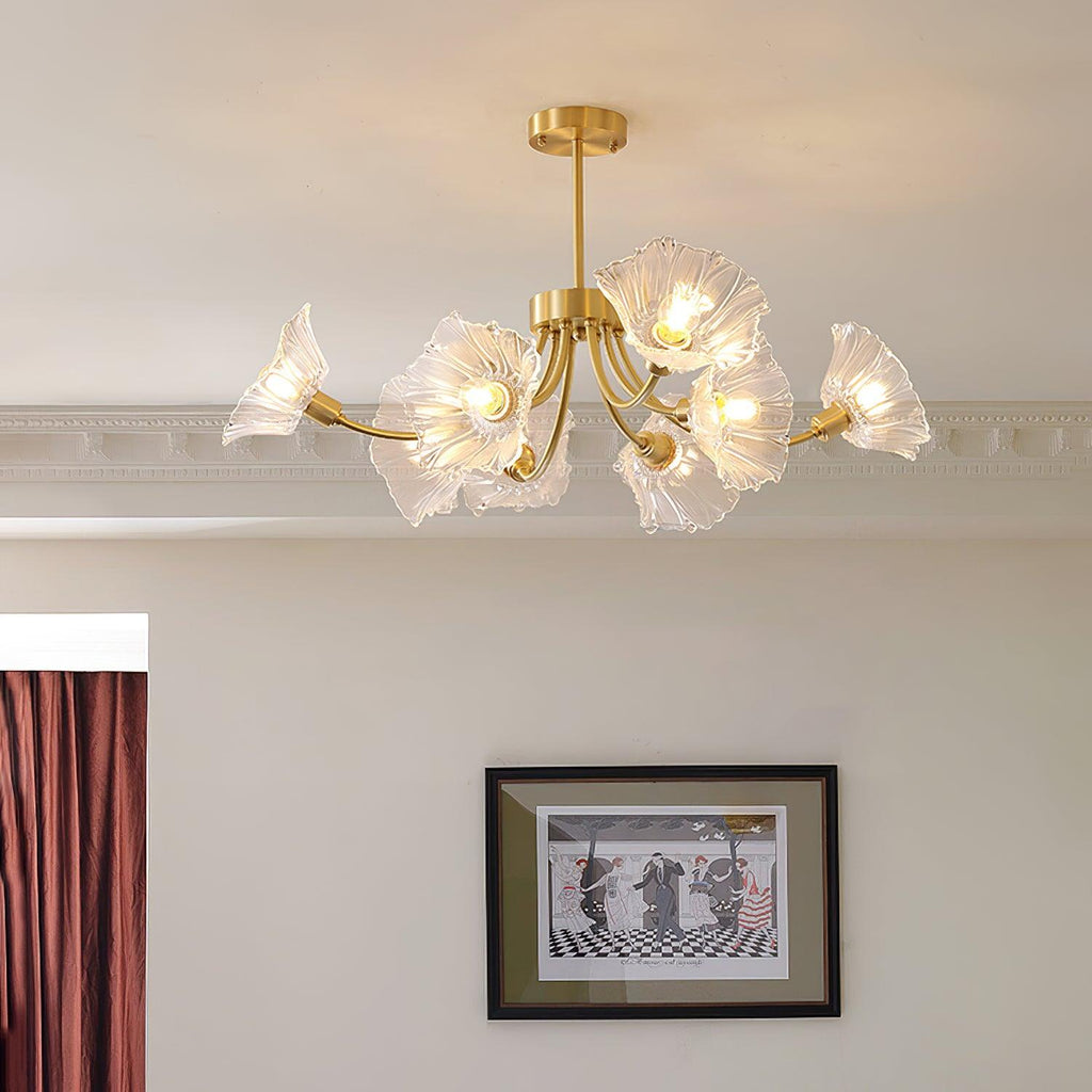 Kalin Flower Glass Chandelier — Brass Petal Glass Ceiling Light for Dining Room