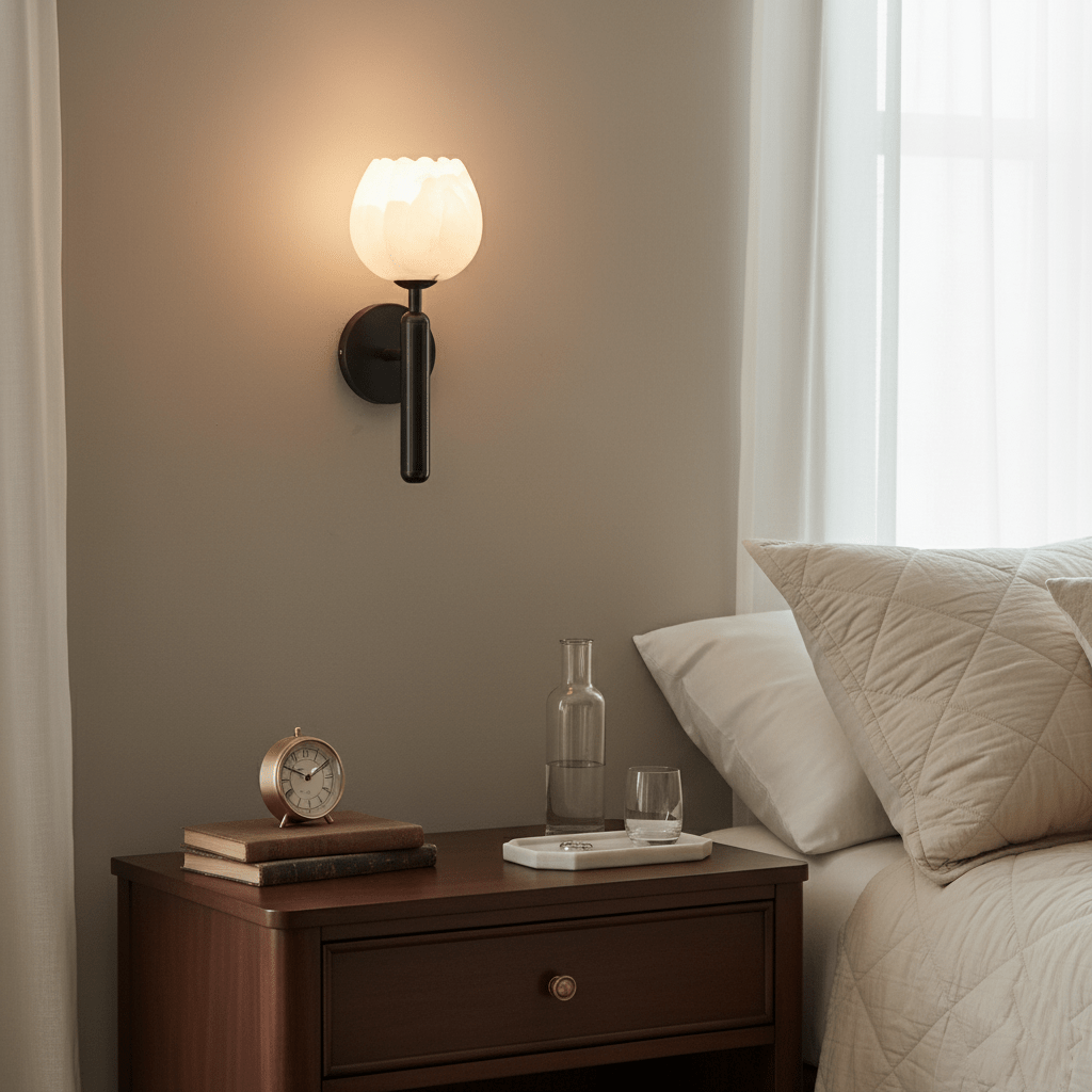 Mian Alabaster Wall Lamp — Brass Floral Stone Wall Sconce for Bedroom & Hallway