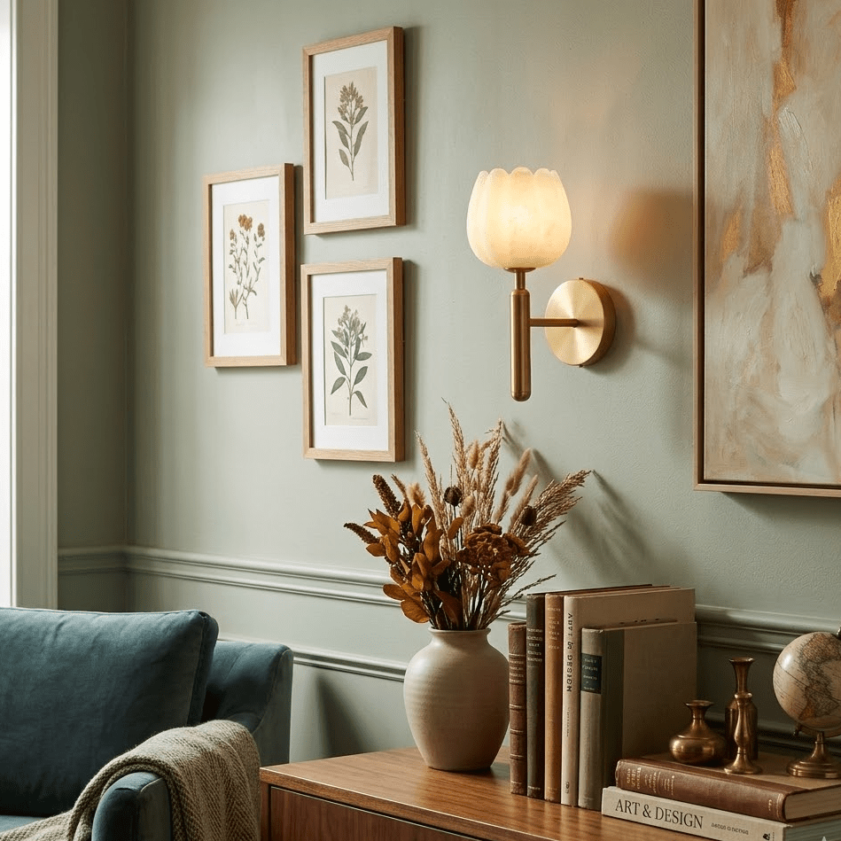 Mian Alabaster Wall Lamp — Brass Floral Stone Wall Sconce for Bedroom & Hallway