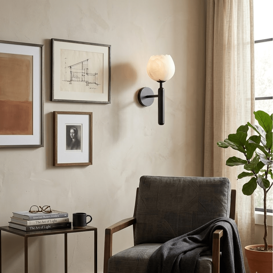 Mian Alabaster Wall Lamp — Brass Floral Stone Wall Sconce for Bedroom & Hallway