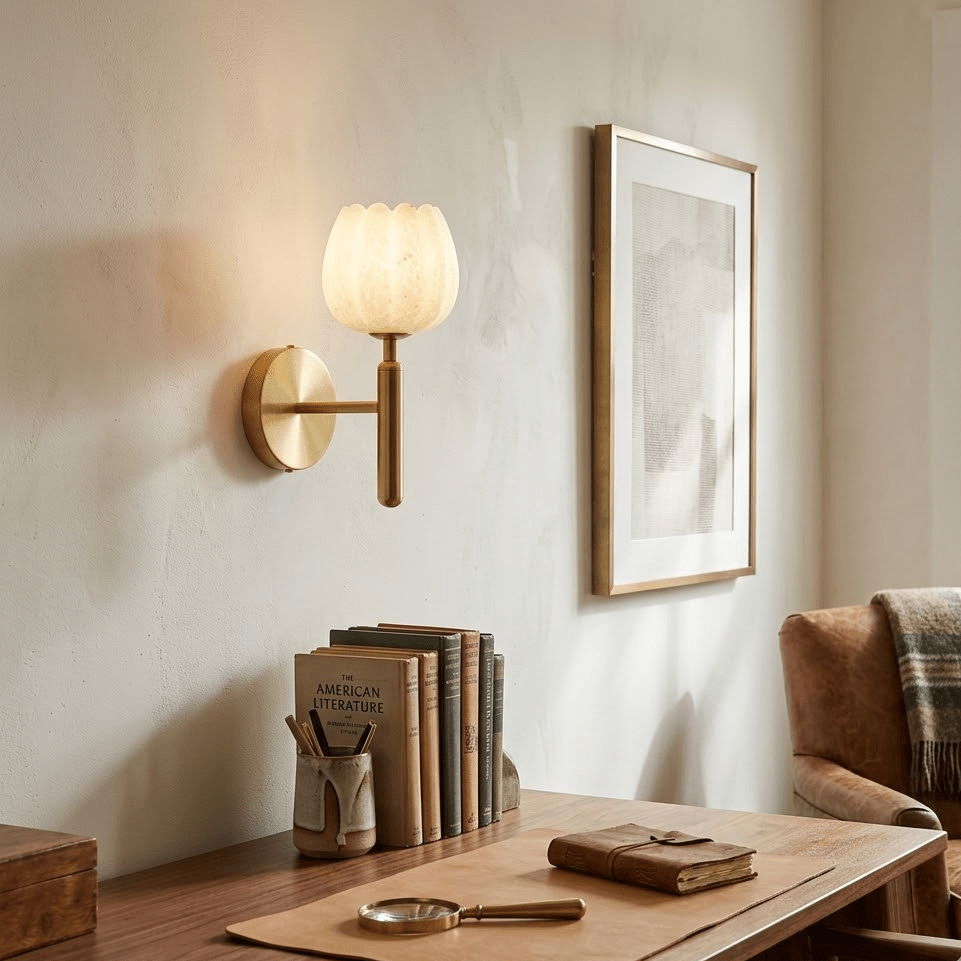 Mian Alabaster Wall Lamp — Brass Floral Stone Wall Sconce for Bedroom & Hallway