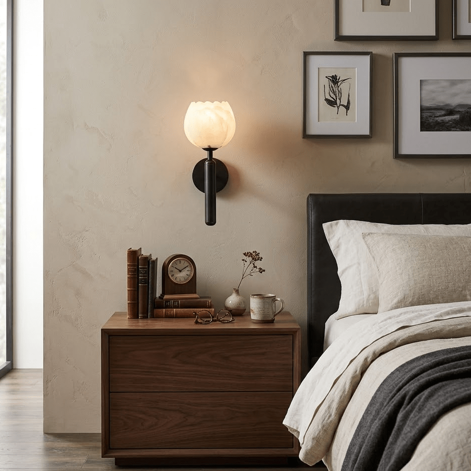 Mian Alabaster Wall Lamp — Brass Floral Stone Wall Sconce for Bedroom & Hallway