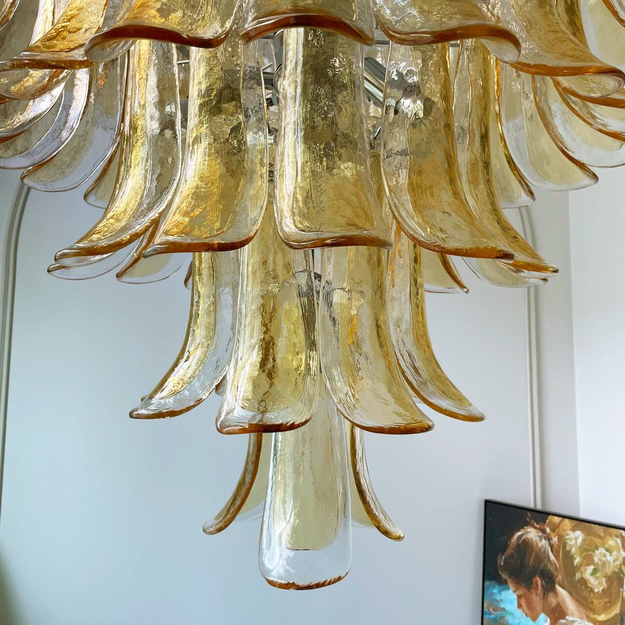 Amber Glass Petals Chandelier — Layered Petal Ceiling Light for Dining Room