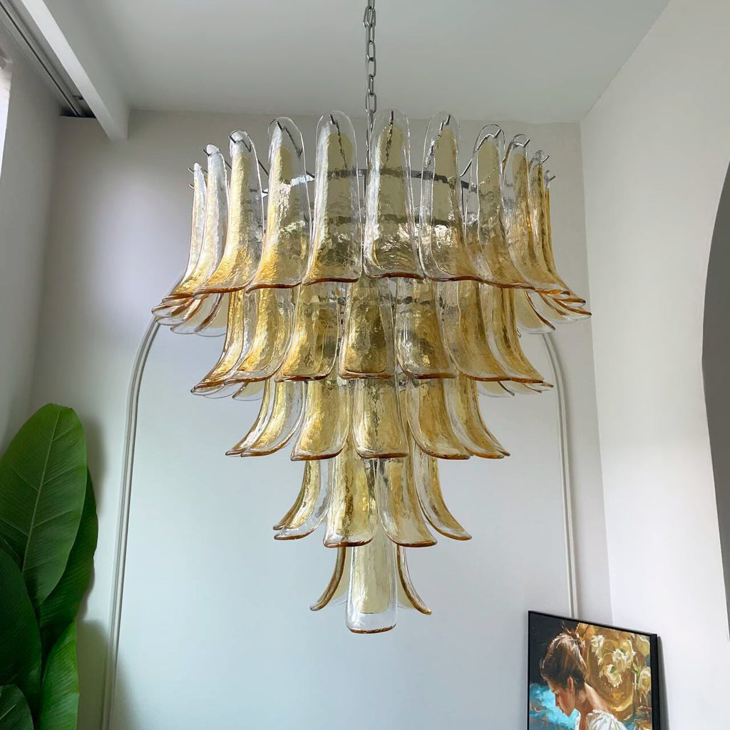 Amber Glass Petals Chandelier — Layered Petal Ceiling Light for Dining Room