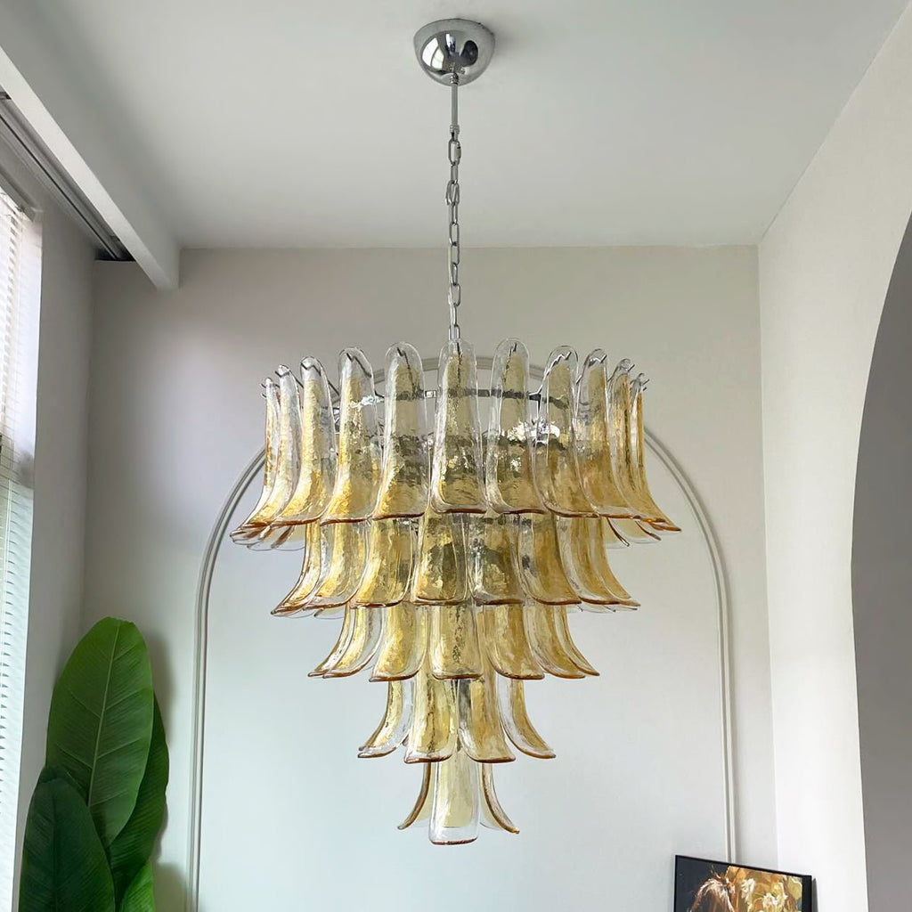 Amber Glass Petals Chandelier — Layered Petal Ceiling Light for Dining Room