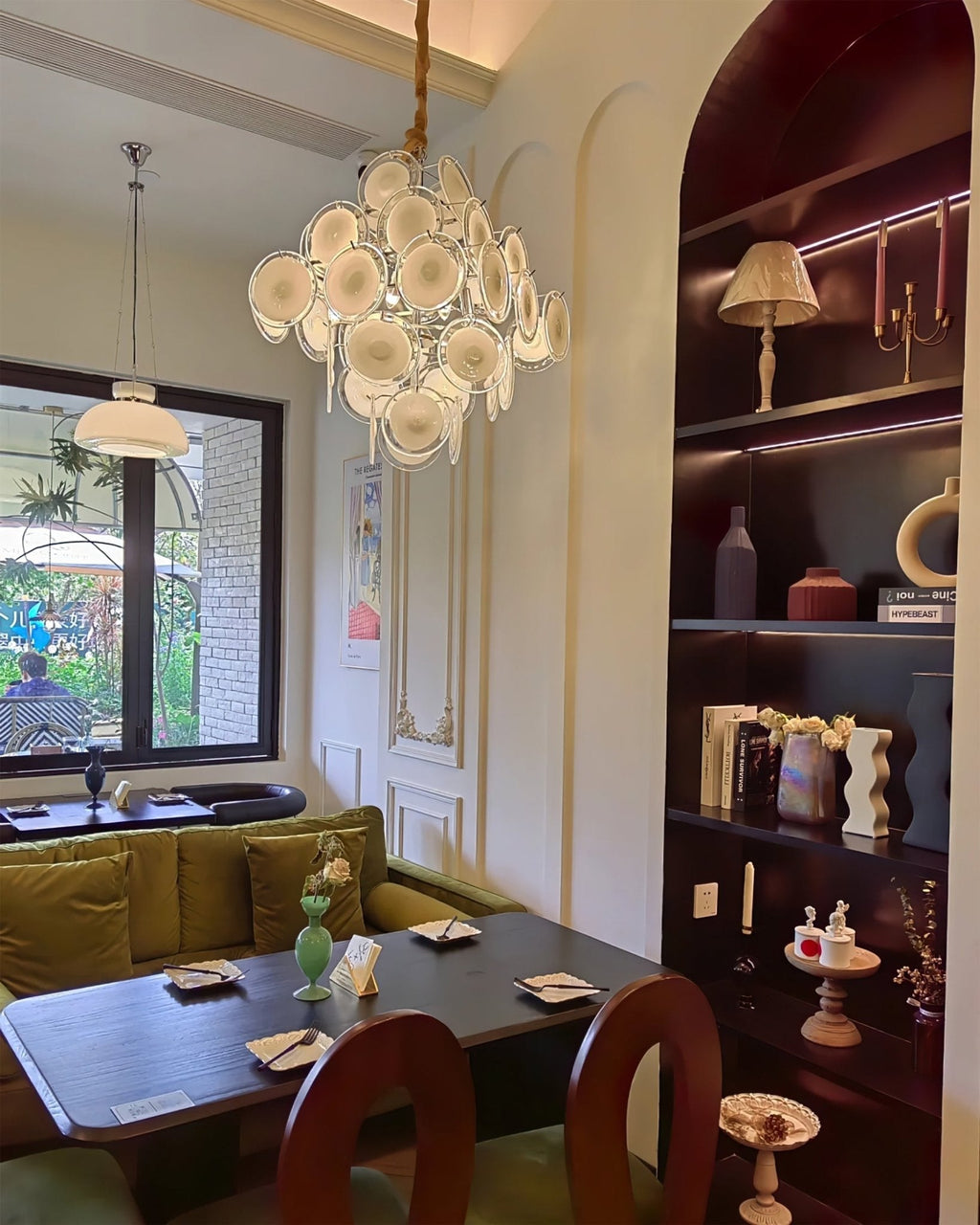 Disc White Glass Chandelier — Stacked White Glass Disc Light for Living Room