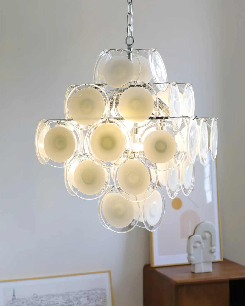 Disc White Glass Chandelier — Stacked White Glass Disc Light for Living Room