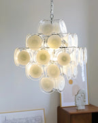 Disc White Glass Chandelier — Stacked White Glass Disc Light for Living Room