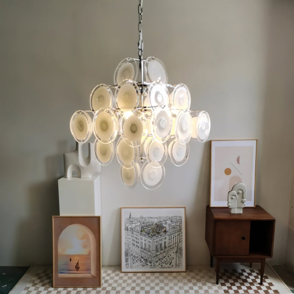 Disc White Glass Chandelier — Stacked White Glass Disc Light for Living Room