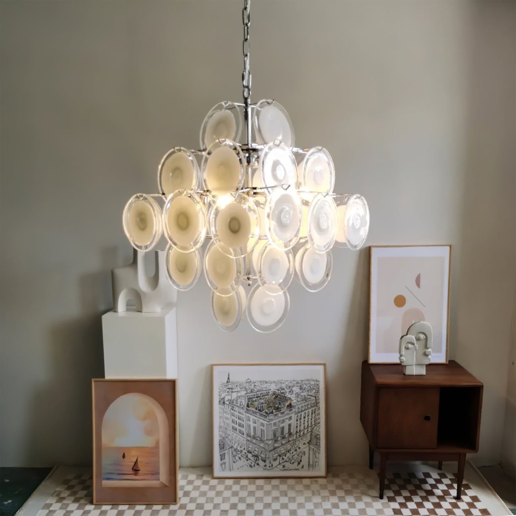 Disc White Glass Chandelier — Stacked White Glass Disc Light for Living Room