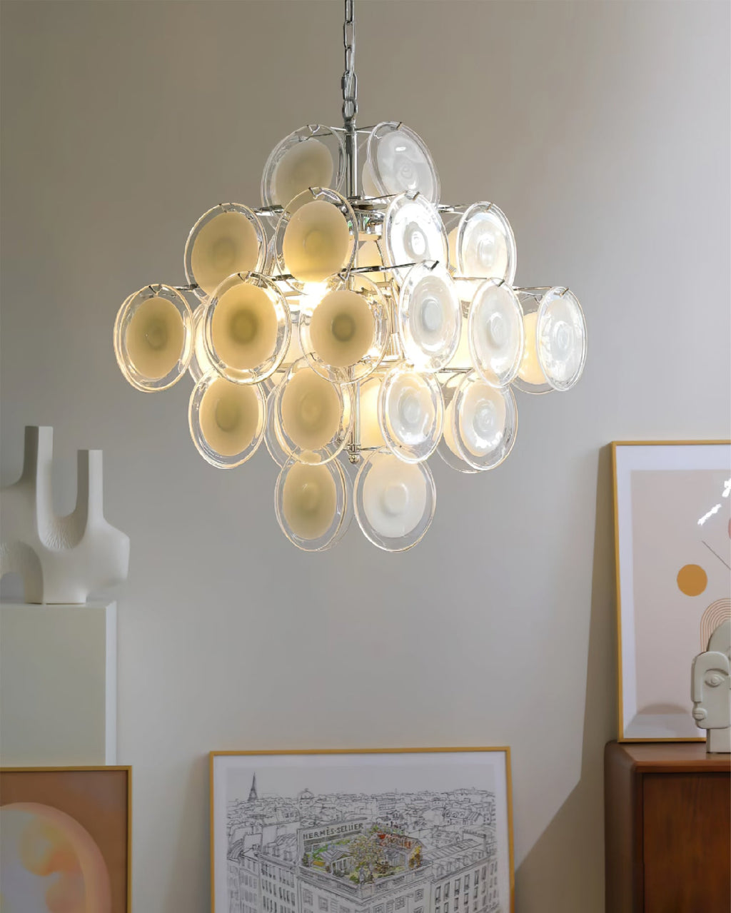 Disc White Glass Chandelier — Stacked White Glass Disc Light for Living Room