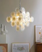 Disc White Glass Chandelier — Stacked White Glass Disc Light for Living Room