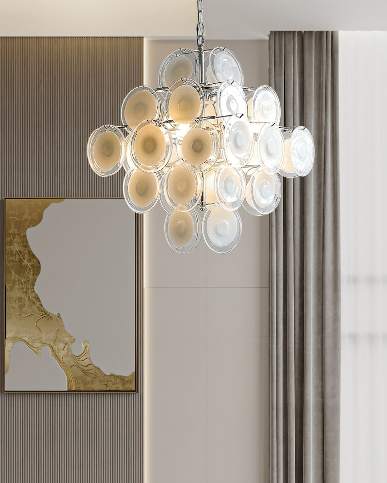 Disc White Glass Chandelier — Stacked White Glass Disc Light for Living Room
