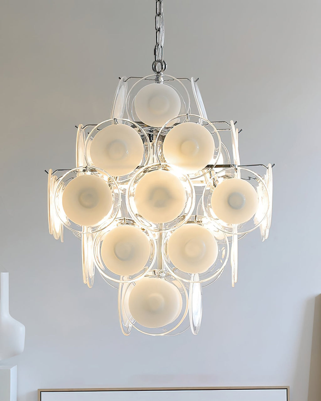 Disc White Glass Chandelier — Stacked White Glass Disc Light for Living Room