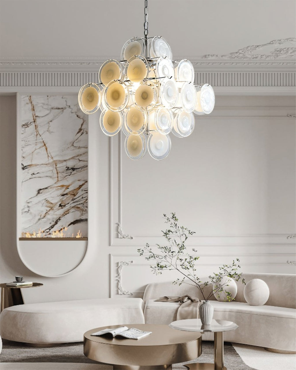 Disc White Glass Chandelier — Stacked White Glass Disc Light for Living Room
