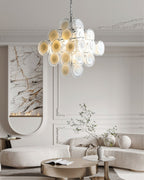 Disc White Glass Chandelier — Stacked White Glass Disc Light for Living Room