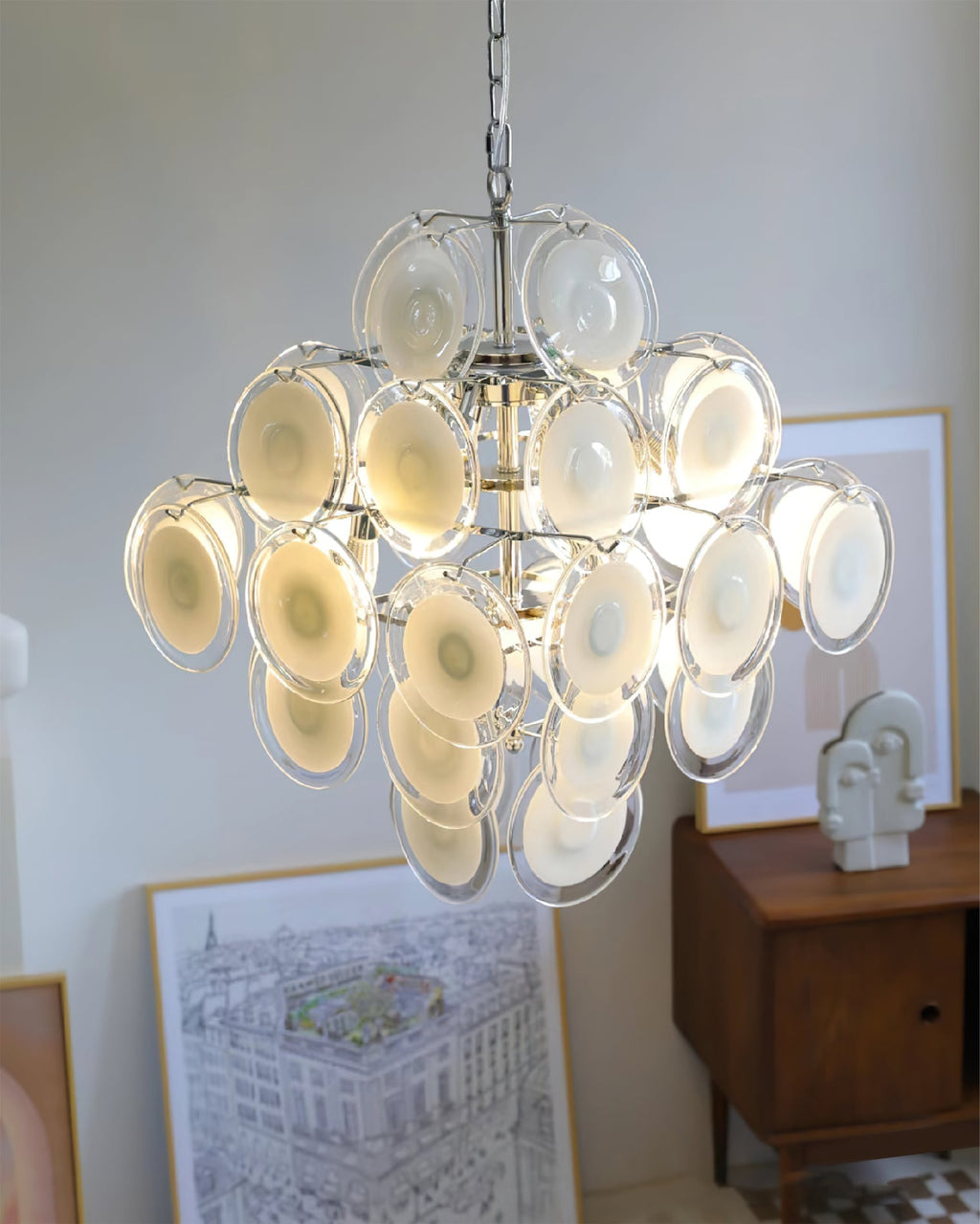 Disc White Glass Chandelier — Stacked White Glass Disc Light for Living Room