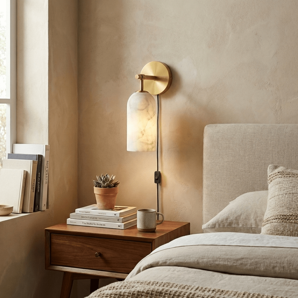 Pillar Alabaster Plug-in Wall Sconce — Plug-In Stone Wall Light for Bedroom