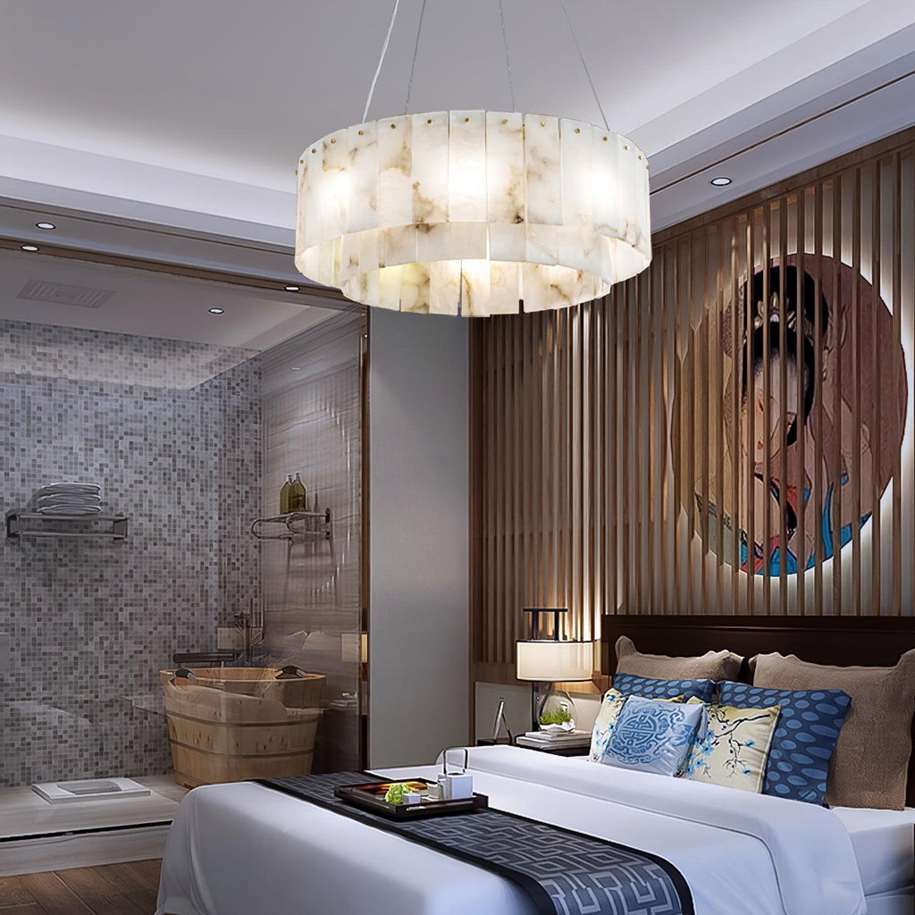 Rock Alabaster Chandelier — Natural Stone Statement Light for High Ceilings