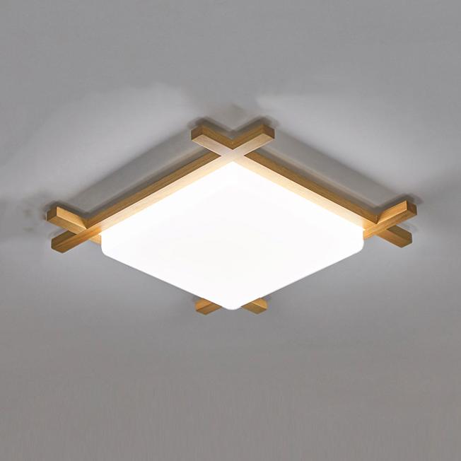 Japanese Wood Square LED Flush Mount Ceiling Light for Bedroom
