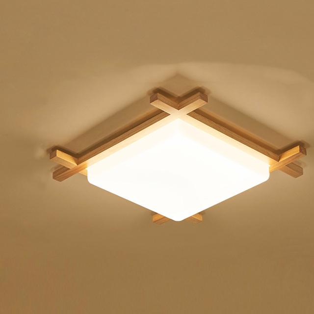 Japanese Wood Square LED Flush Mount Ceiling Light for Bedroom
