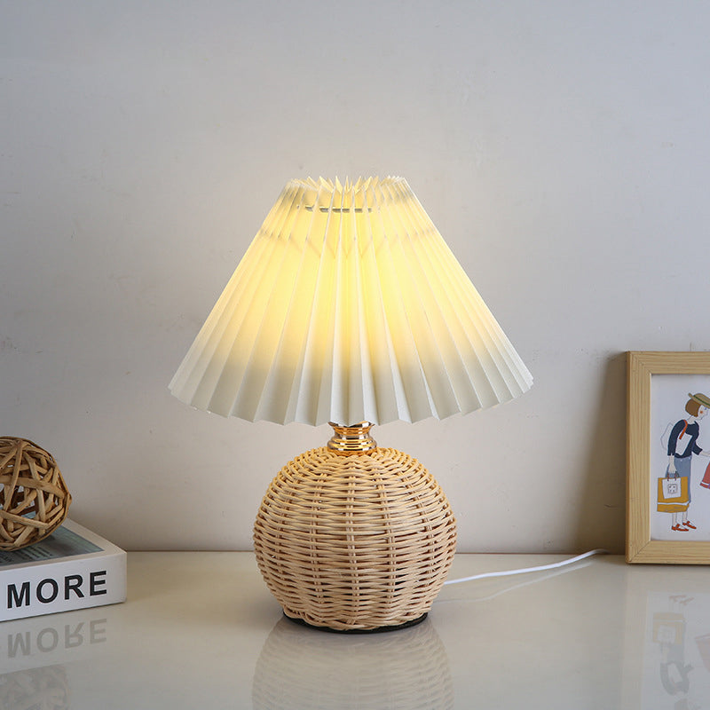 Pleated Rattan LED Table Lamp for Bedroom