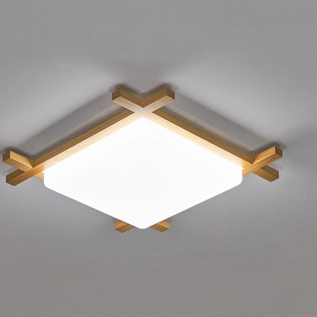 Japanese Wood Square LED Flush Mount Ceiling Light for Bedroom