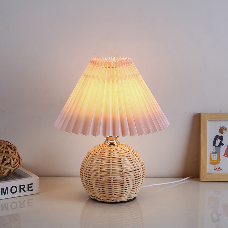 Pleated Rattan LED Table Lamp for Bedroom