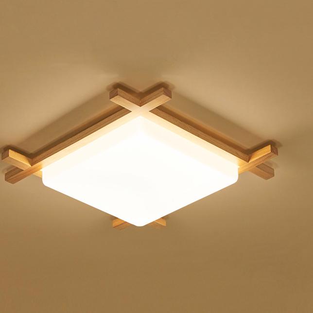 Japanese Wood Square LED Flush Mount Ceiling Light for Bedroom