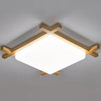 Japanese Wood Square LED Flush Mount Ceiling Light for Bedroom