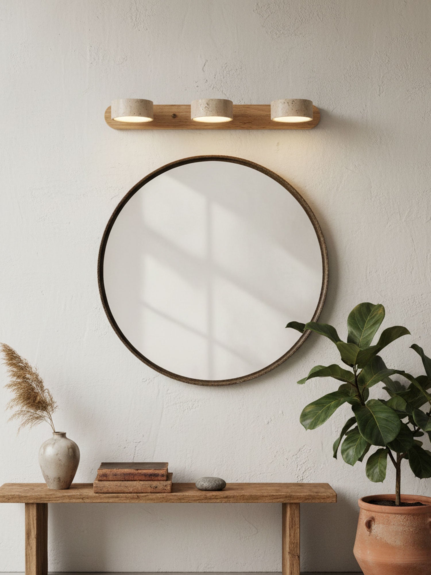Travertine Duo Wall Light — Natural Stone & Wood Wall Sconce for Bedroom