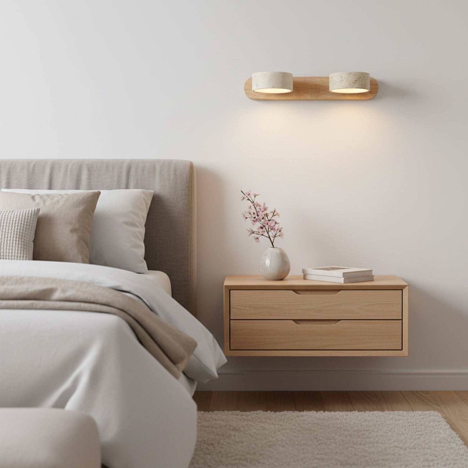 Travertine Duo Wall Light — Natural Stone & Wood Wall Sconce for Bedroom