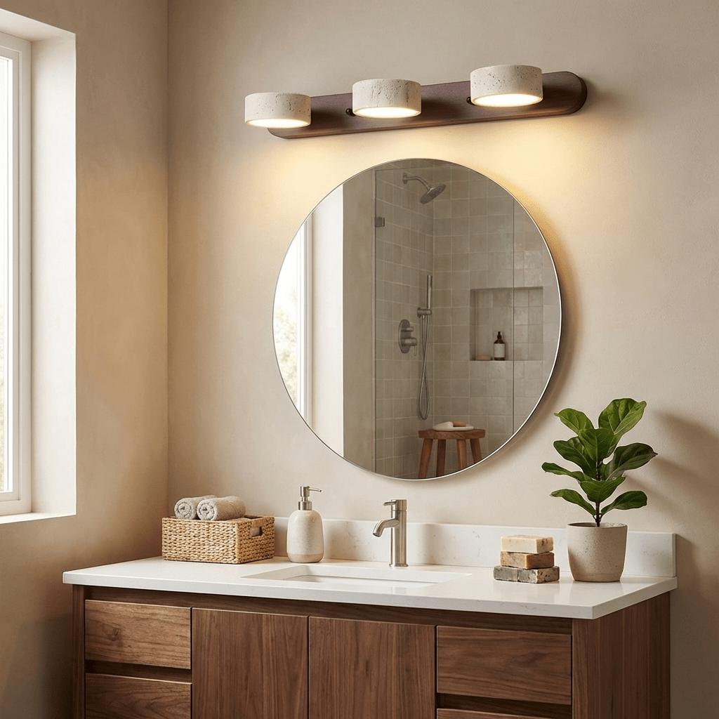 Travertine Duo Wall Light — Natural Stone & Wood Wall Sconce for Bedroom