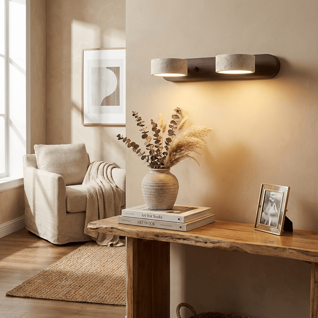 Travertine Duo Wall Light — Natural Stone & Wood Wall Sconce for Bedroom