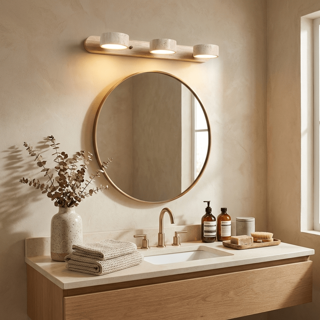 Travertine Duo Wall Light — Natural Stone & Wood Wall Sconce for Bedroom