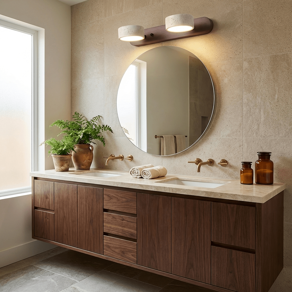Travertine Duo Wall Light — Natural Stone & Wood Wall Sconce for Bedroom