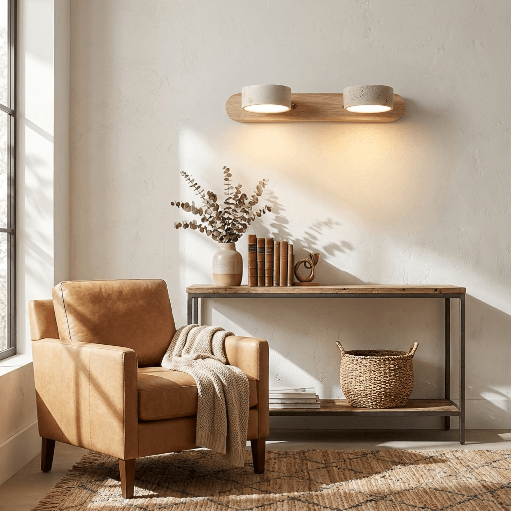 Travertine Duo Wall Light — Natural Stone & Wood Wall Sconce for Bedroom