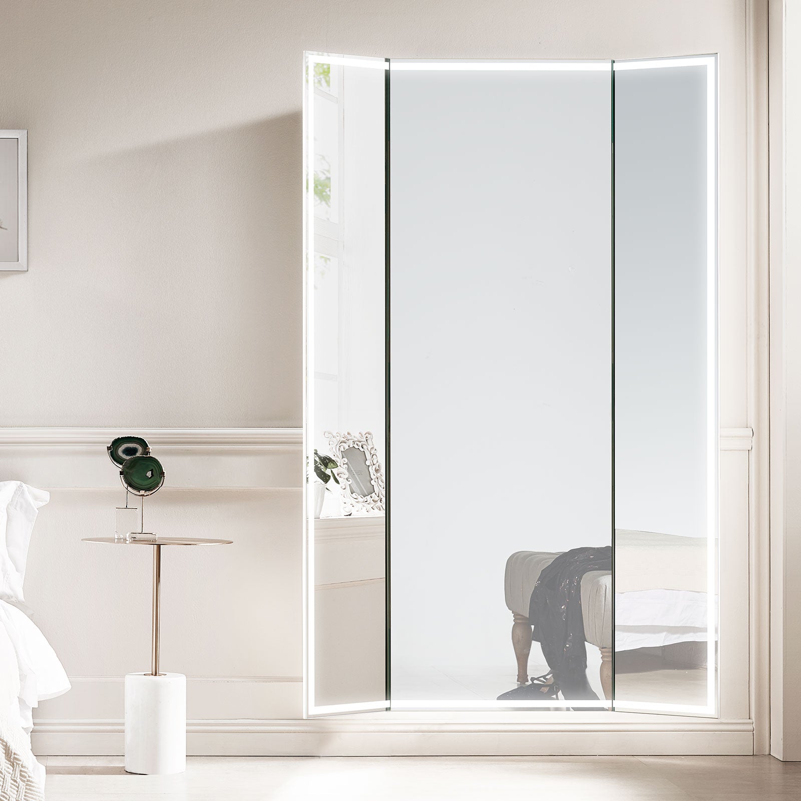Celestia Full-Length Trifold LED Vanity Mirror for bedroom | Halvern